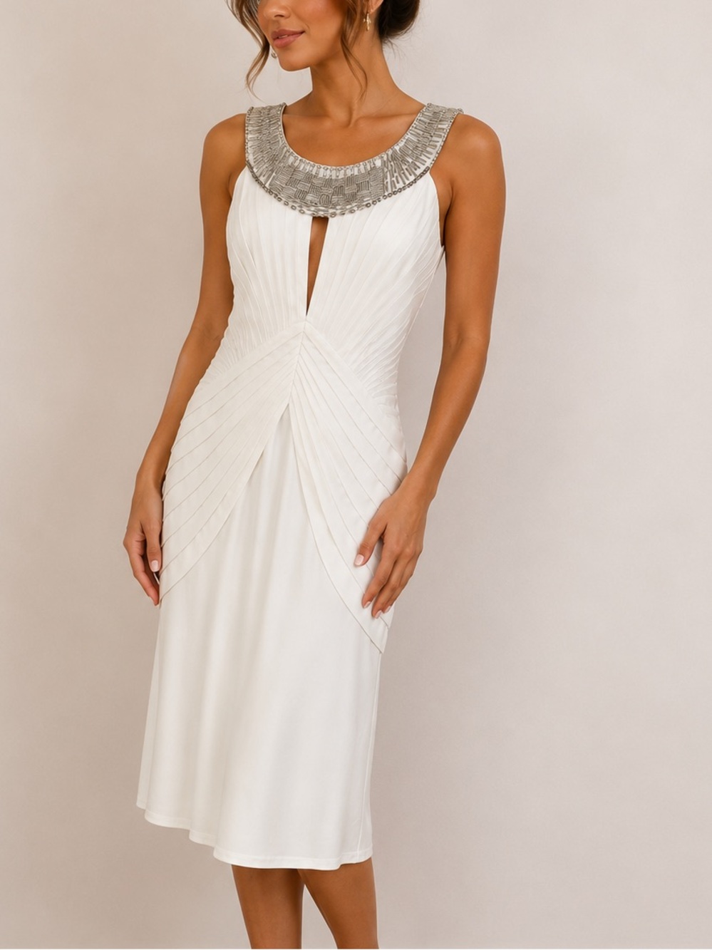 Sue Wong Nocturne White Pleated Beaded-Collar Dress